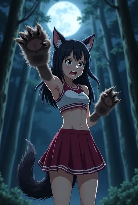 A panicked cheerleader stares at her left hand in horror as she sees it has grown into a large werewolf claw and the fur is spreading up her forearm. Her ears have become canine, two of her upper teeth have become wolf fangs, and a wolf tail has grown from...