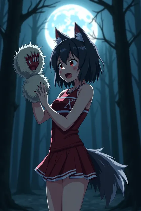 A panicked cheerleader stares at her left hand in horror as she sees it has grown into a large werewolf claw and the fur is spreading up her forearm. Her ears have become canine, two of her upper teeth have become wolf fangs, and a wolf tail has grown from...