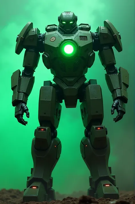 War robot highly weponized with indian flag and put a ashoka chakra on his chest with green background light around the ashoka chakra look alike arc reactor of iron man