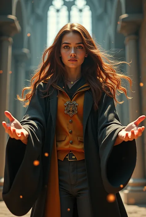 create a female wizard character from the Hufflepuff house (characteristic orange and black colors), long cherry brown hair, almond eyes with honey brown color, fair skinned cool undertones. form like at Hogwarts School. 