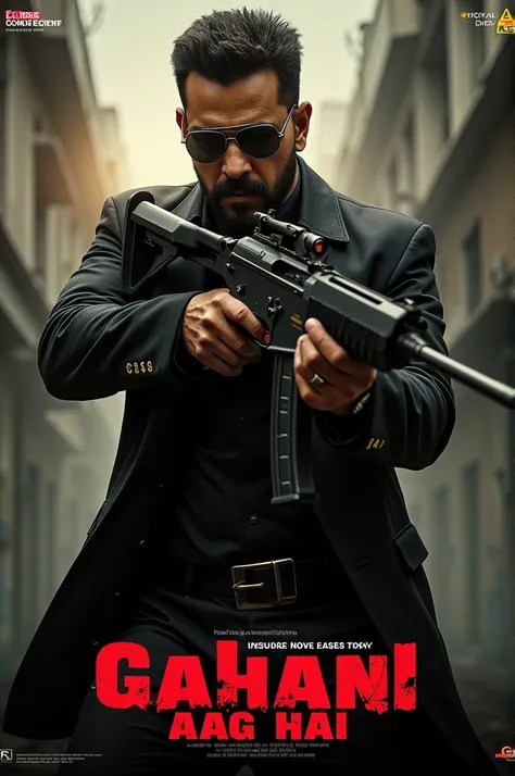 “I need an action poster for a song titled ‘Gahani Aag Hai,’ in a mafia style. The poster should feature a person holding a rifle, killing their enemies.”no extra rext , no other logo , clean poster 
