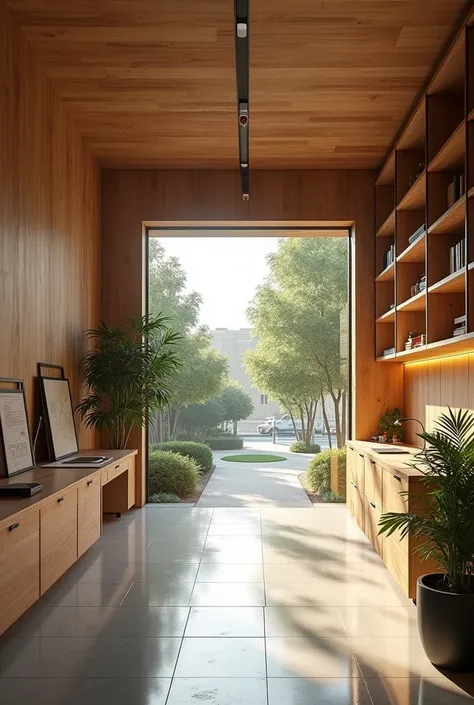 Modern architecture office with an open space, using raw wood materials. Walls and ceiling are lined with natural wood, with shelving units arranged along two walls. The main door opens to the street, allowing natural light to flood in. The flooring is glo...