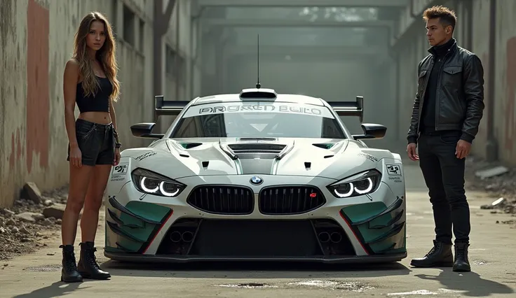 A bmw race car with a rugged couple boy guy and girl in front of it with an attitude. 