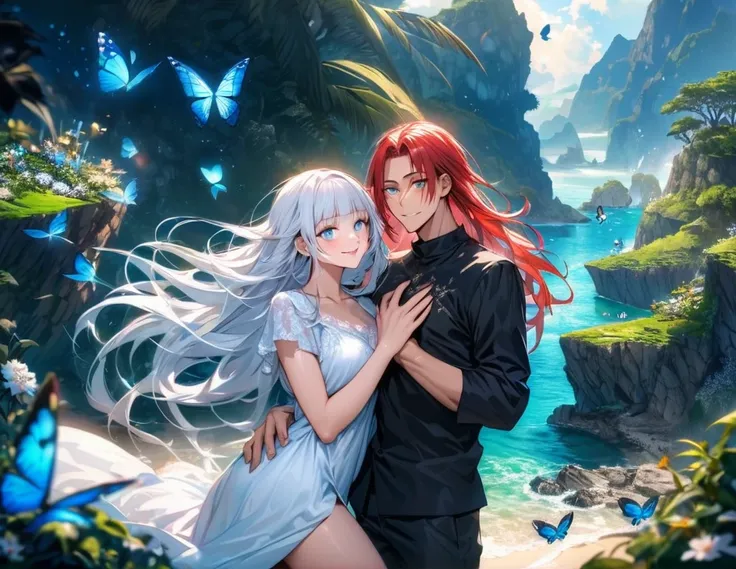 Ultra detailed, HDR, Highres, absurdres, master piece, Shana, red long hair with bangs, expressive golden eyes, Gojou Satoru, white hair with bangs, expressive blue eyes, black shirt, white dress with patterns, Jujutsu Kaisen, flowers, butterflies, fantasy...