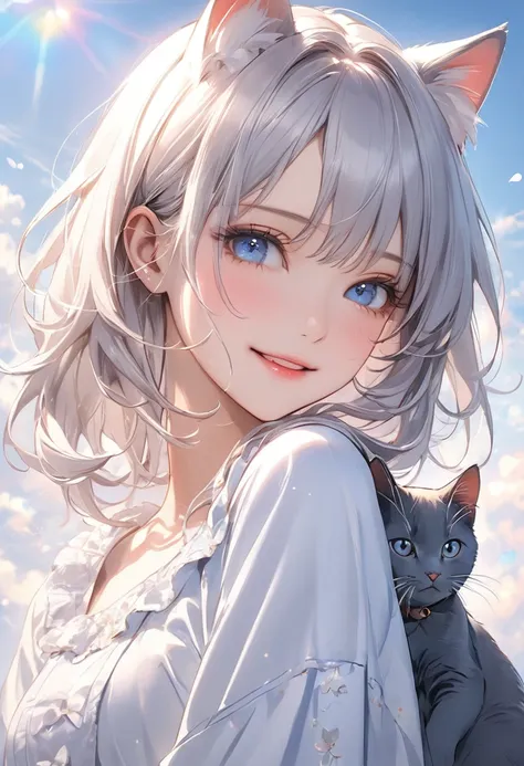 (White Theme art),(Best Quality),(masterpiece),(1. A girl inspired by a Russian Blue cat),(Alone),Delicately painted face,A girl with a beautiful face,beautifully、Blue eyes with vivid detail,(beautifully精巧な猫のコスチューム),beautifully細部までこだわったグレーのスケルトンドレス,((Gray ...