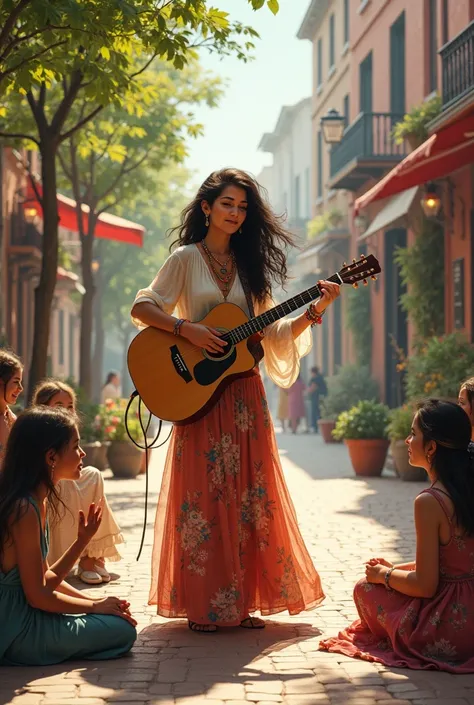 A bohemian woman playing her guitar to a small crowd of  girls on the street 