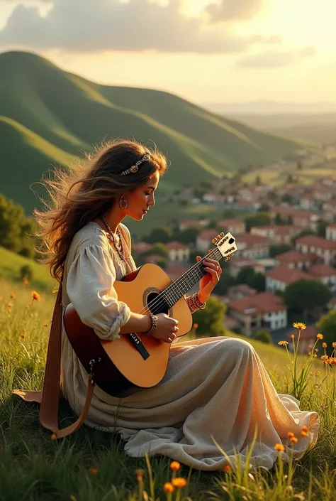 A bohemian woman playing her guitar on a hill overlooking the village 