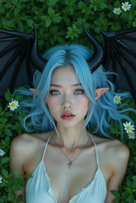 beautiful Asian girl with blue hair down to her chest, blue eyes, two long black horns on her head, and black demon wings from her back, lying in the grass of a meadow. She has elf-like ears and a septum piercing in her nose. The view is from above, captur...