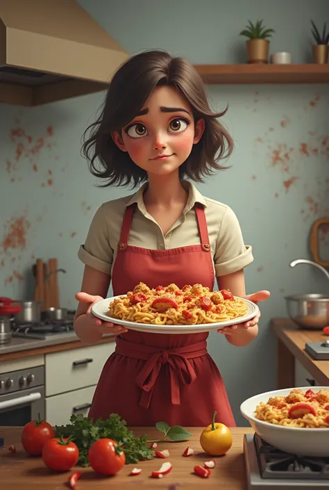 


kitchen mess, a burnt or poorly plated dish, or someone looking disappointed while holding a failed attempt at cooking. The character is girl matured girl and a funny pic not smile, and I said its messy