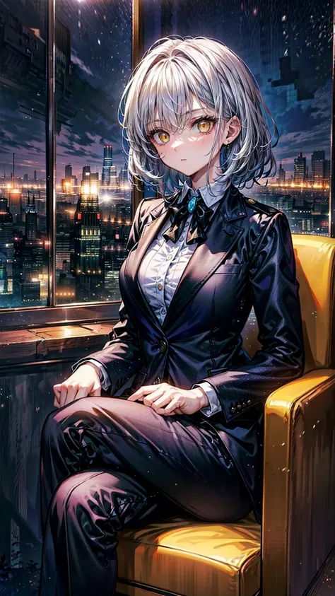 a 2 female chief detective. Short white hair and intense yellow eyes reflect a serious and professional expression. She is dressed in an elegant black suit, consisting of a blazer and trousers, with a white blouse underneath. She is sitting in an armchair ...