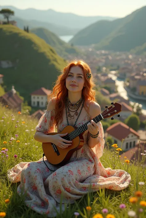 A bohemian woman playing her ukulele on a hill overlooking the village 