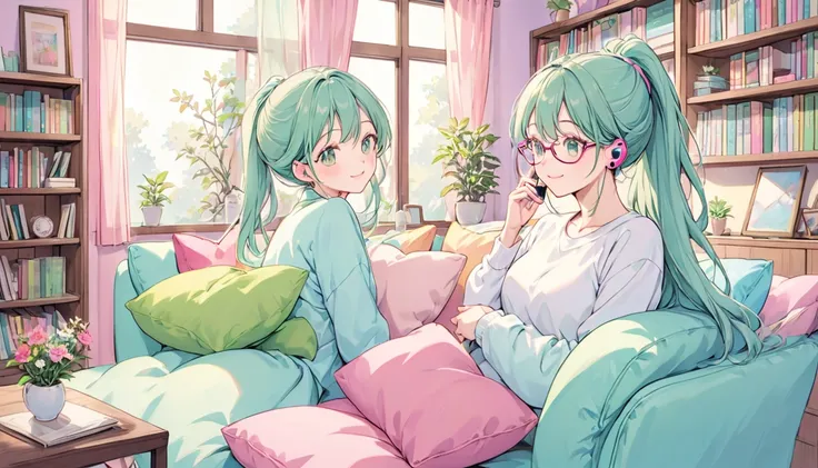 Create a cute illustration of a 2 girl wearing glasses. She has long hair styled in a ponytail and is relaxing in her room while wearing earbuds and looking at her smartphone. The background should feature a cozy room with a soft sofa, colorful cushions, a...