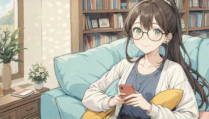 of course！The following、キュートなパステルカラーの画像を生成するためのpromptです。

### prompt
```
Create a cute illustration of a 2 girl wearing glasses. She has long hair styled in a ponytail and is relaxing in her room while wearing earbuds and looking at her smartphone. The bac...