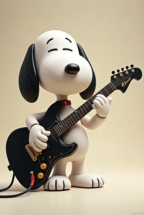 Snoopy playing the black and white electric guitar, Fender brand 
