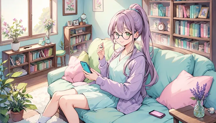 Create a cute illustration of a 2 girl wearing glasses. She has long hair styled in a ponytail and is relaxing in her room while wearing earbuds and looking at her smartphone. The background should feature a cozy room with a soft sofa, colorful cushions, a...