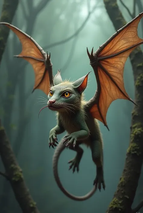 A Creature created by Cat and Bat, lizard head, full body, Flying, hairy

