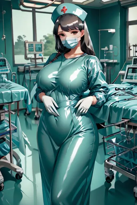 nurse uniform,hospital, latex nurse suit,nurses,busty,elbow gloves,labcoat,black hair woman,red eyes , gigantic ,medical instrum...