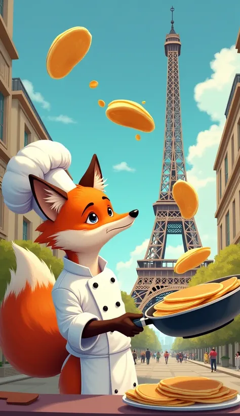  Fox in chef  clothing throws pancakes into frying pan under Eiffel Tower 