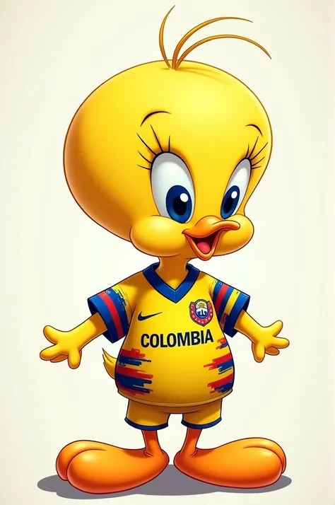 Image of Tweety wearing the Colombian national team shirt with the phrase " Happy Thursday, Piolino"