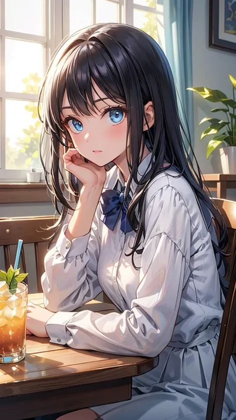 1 girl, white skin, white school uniform, black hair, blue eyes, detailed face, expressionless, sitting on a chair next to the window, the window curtains blowing in the wind, beautiful charming face exposed to sunlight, holding a drink cup, front view, vi...