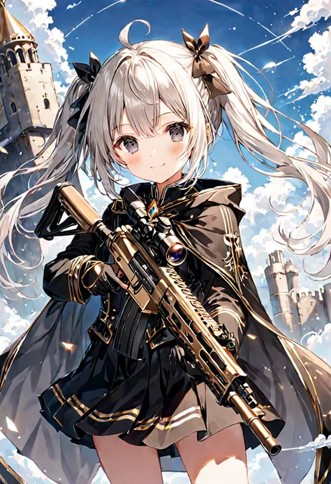 1 cute girl,
(light platinum hair, lob hair, pigtails hair, ahoge, black bow),
(dark gray eyes, tareme),
smile,

(aiming Assault Rifle), looking at viewer,

(black cape, gold line),
(black Monarchs clothes, gold line),
(black skirt, gold line),
(black leat...