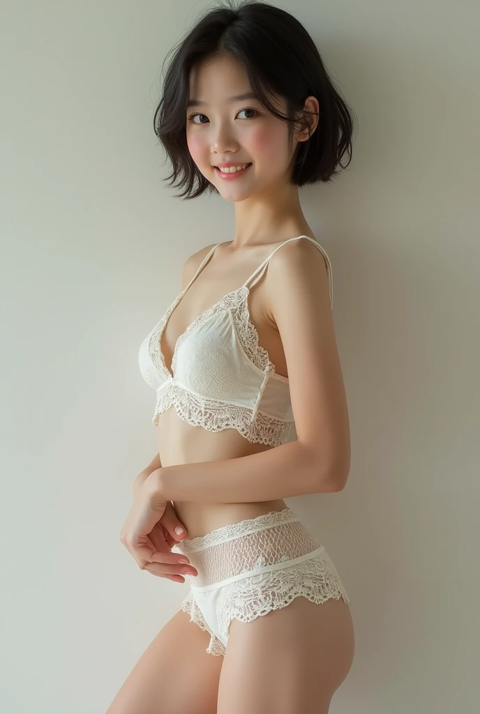 highest quality、masterpiece、8 k、very detailed、Realistic、(young face:1.2)、(Looks like an elementary school student.:1.2)、1 person、You look at me with a smile、whole body、(big breasts)、Thin and beautiful legs、Narrow and thin waist、lace, transparent, tight sle...