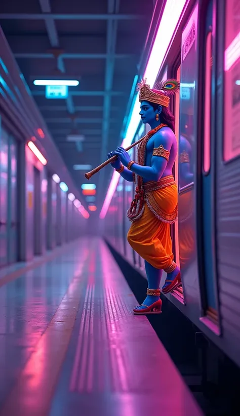 "Lord Shri Krishna is gracefully stepping out of a sleek, modern metro train onto a brightly lit platform. He is adorned in his traditional attire, with a radiant peacock feather in his crown and his iconic flute in hand. The scene is infused with vibrant ...