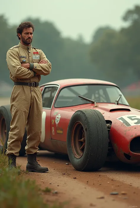 Picture of Old Peugeot 504 had a flat tyre during a race, the driver beside the car looking sad and angry 