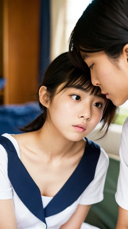 lens: 135mm f1.8,(Best Quality),(Tabletop:1.1), (Two beautiful Japanese junior high school girls),  (Moisturized lips), Narrow eyes, Double eyelids,Delicate clavicle,Flat Chest,Shortcuts,
 (Let me me me me me&#39;Let me me me me&#39;Let me me me&#39;Let me...