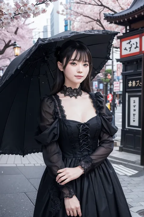 8k, RAW photo, best quality, masterpiece:1.2), (realistic, photo-realistic:1.4), (extremely detailed 8k wallpaper),A beautiful gothic lolita girl with pale, flawless skin and long, dark hair styled with intricate lace and ribbons. She wears an elegant blac...