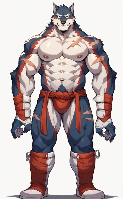 fenrir, wolf, 1boys, male, solo, (((dark blue fur))) , muscular, big , pecs, cool face, body scars, middle aged, ((shirtless)) , standing, front angle, arms beside waist, fullbody, stiff pose, front stiff pose, front view,bulk