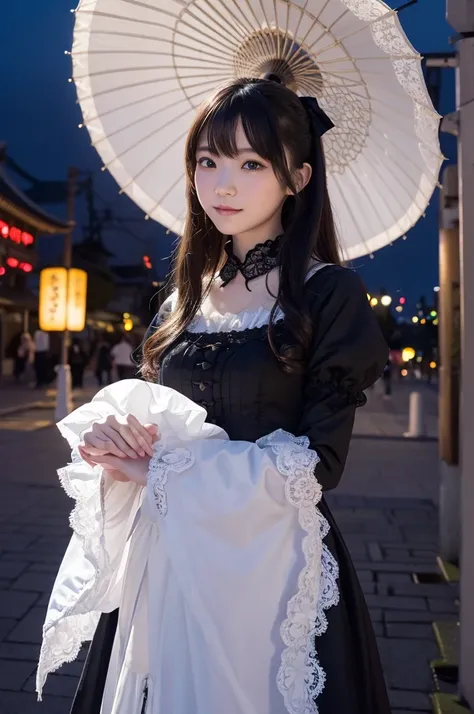 8k, RAW photo, best quality, masterpiece:1.2), (realistic, photo-realistic:1.4), (extremely detailed 8k wallpaper),A beautiful gothic lolita girl with pale, flawless skin and long, dark hair styled with intricate lace and ribbons. She wears an elegant blac...