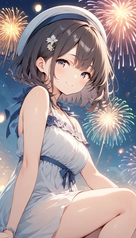 vector art、summer night sky、fireworks shining in the sky、narrowed eyes and happy expression、girl standing sideways、looking to th...