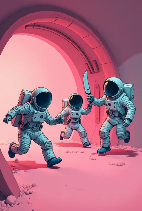 In pinkish background make an funny image of Two antronaut running from an astronaut who is holding a knife in spaceship