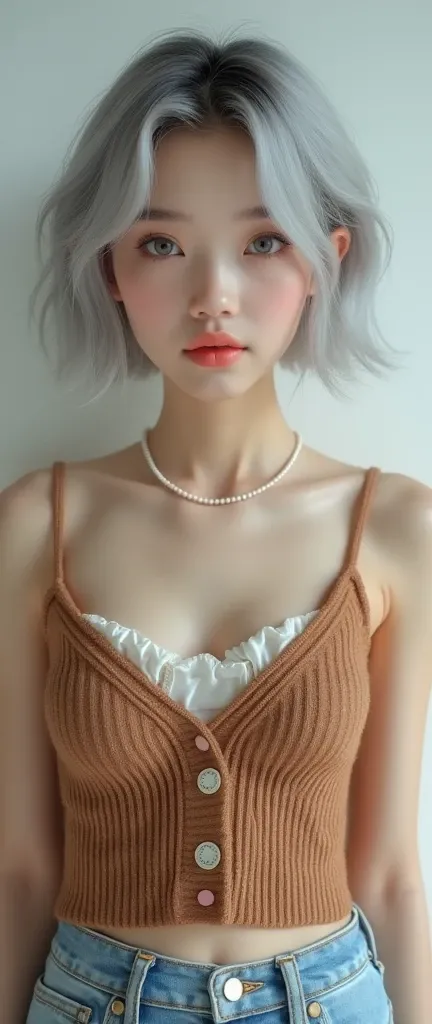 (8k, Photorealistic, Original photo, Highest quality: 1.4),Japanese idol-style beautiful girl,1,Model,1 person,(Short Bob),(Silver Hair),She has her hair tucked behind her ears,Clear grey eyes,Long eyelashes,(piercings(small)),(Lip gloss),lips(Plump,glossy...