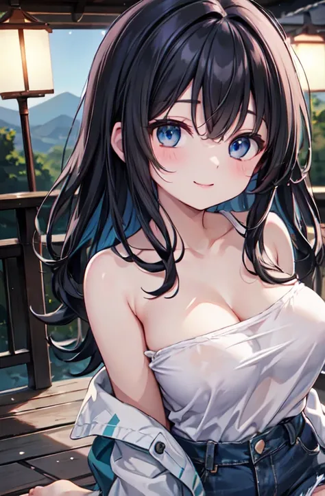 CG, Unity, 8k, wallpaper, Best Quality,sunlight、Perfect lighting、 masterpiece, Amami Haruka, (smile: 1.2), 1 high school girl、Black Hair、Curly hair、blue eyes、Dark lips、Light Blue T-Shirt、Off the shoulder、 Denim shorts, barefoot, Thighs, Best lighting, Comp...