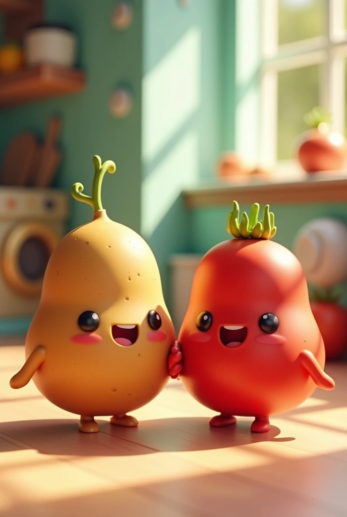 Show a happy, cute pairing of a round, brown potato and a bright red tomato standing side by side, smiling and holding hands. They should look like friends with cartoonish eyes and faces, set against a colorful kitchen background."3D pixel style 