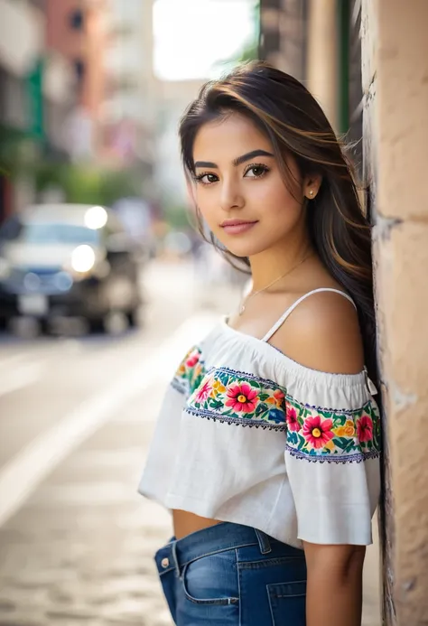 a Mexican girl, beautiful, cute, casual clothes, in the city, natural light, depth of field, 