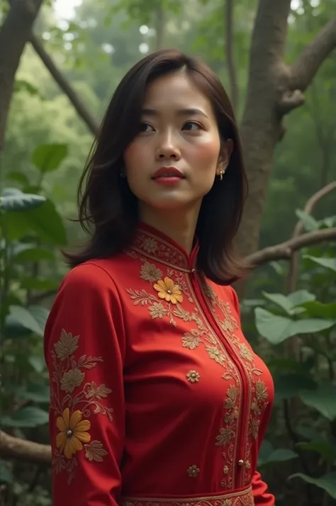 Hyver realistis woman wearing a red kebaya with shoulder length hair is standing at Ragunan Zoo