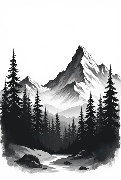 best quality,simplified style,national park poster style, nature, Mountains, coniferous forest, black and white drawing, abstraction, 