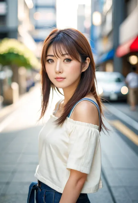 a Japanese girl, beautiful, cute, casual clothes, in the city, natural light, depth of field, 