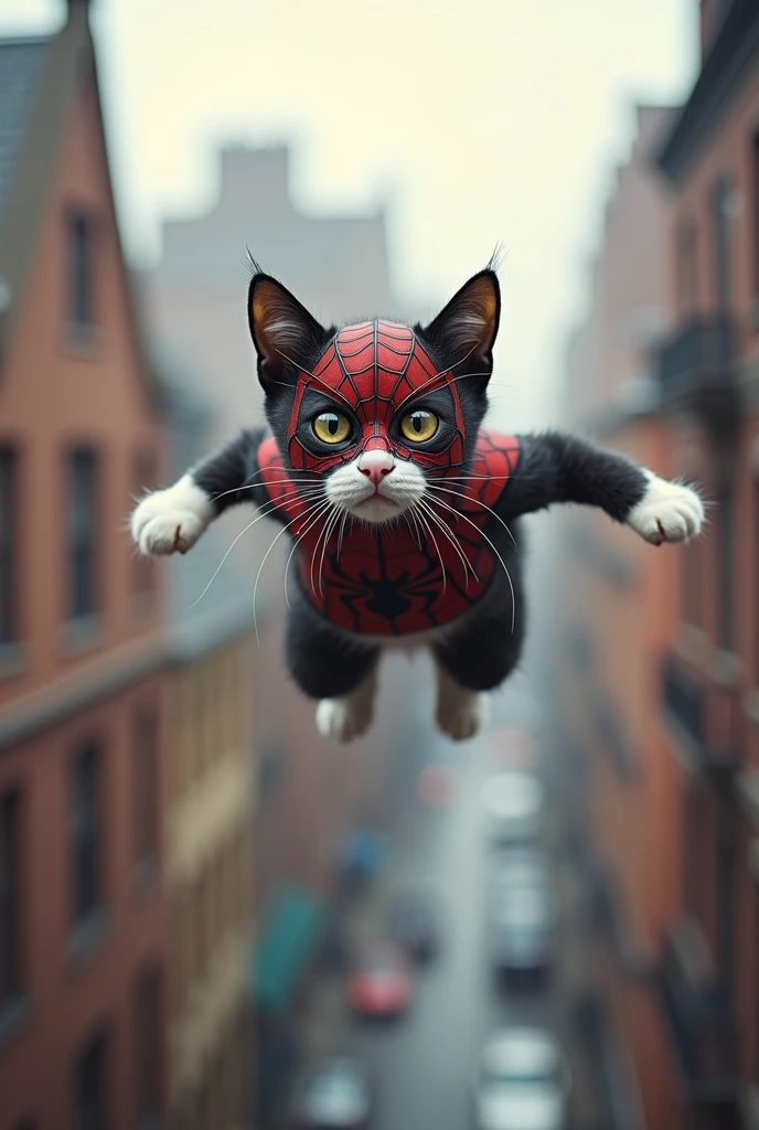 A small, agile black and white cat in a Spider-Man outfit. It’s mid-leap between two rooftops, with a web shooting out from one paw, while the other paw is stretched forward in classic Spider-Man fashion. The mask is perfectly fitted to its round cat face,...