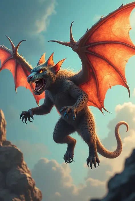 A Creature created by Cat and Bat, lizard head, full body, Flying, hairy form head to tail, dangerous. long neck, claws, fangs. speed. glowing wings, leopard shaped arms and legs. Beautiful color. Creature.
