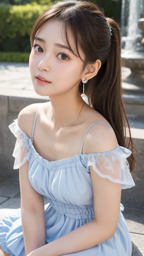 ((masterpiece)), ((photo realistic:1.3)), full body shot from front, Japanese girl , (Fairy-like face:1.3), (flat chest:1.3), thin eyebrows, (big breasts eyes, broad jawline, puffy face), no make up , shiny eyes, light brown hair, medium hair, loose wavy h...