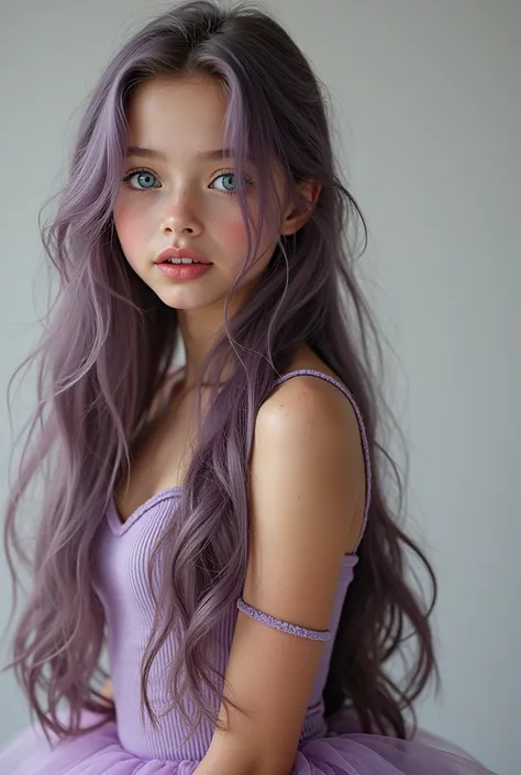 Very detailed, Very realistic, Hyperrealism, Ultra-realistic, (masterpiece, Stylish eyes with attention to detail: 1.2), (cute), 15years old girl, Off-the-shoulder tank top, Sheer purple tutu, Fashion studio white background, (Waist-up portrait :1.6), (Bod...