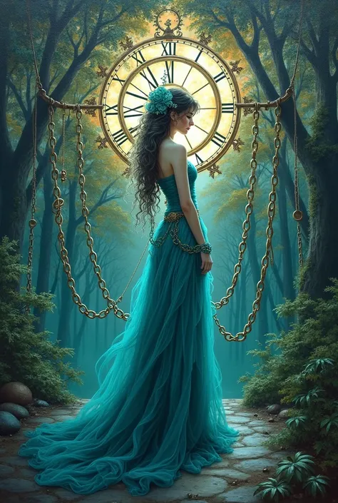 colorful hand-painted, Oil painting on canvas, high quality, Michelangelo, chains, chains, chains, oriental teal chains lady in front of a magical detailed elegant clock with chains and magical forest background, magical chains clock teal, fantasy artstyle...