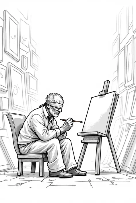 An easy drawing style, black and white, the background should be a art shop with a lot paintings, an elderly man sitting on a chair at the corner of the room, he has a blindfold on him, he has a painting canvas right in front of him and he has a paintbrush...