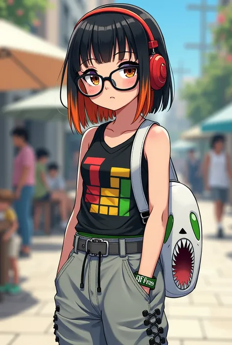 Futaba is a young girl with straight hip-length black hair dyed bright orange, with straight-cut bangs and two long strands in the front along with a single small, thin strand at the top. Her brown eyes also seem to have some faint purple tones in them, ap...