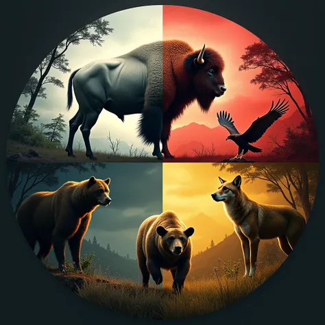 a detailed circular composition in the wilderness of america, a white bison in the upper half, a vulture in the red right quadrant, a coyote in the yellow bottom quadrant, a brown bear in the black left quadrant, intersecting central lines, ultra-detailed,...