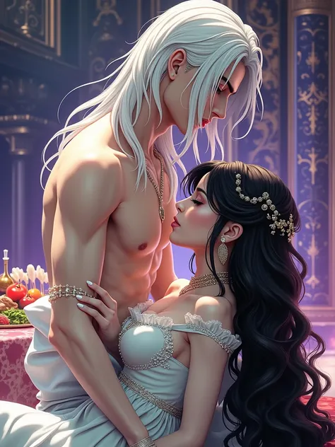 A handsome Kunzite / Malachite man with long white hair,A handsome Kunzite / Malachite man with long white hair, European appearance stands , beautiful man, beautiful skin,beautiful body,Sailor Venus with golden hair passion seduceseros kisses lip a red bo...